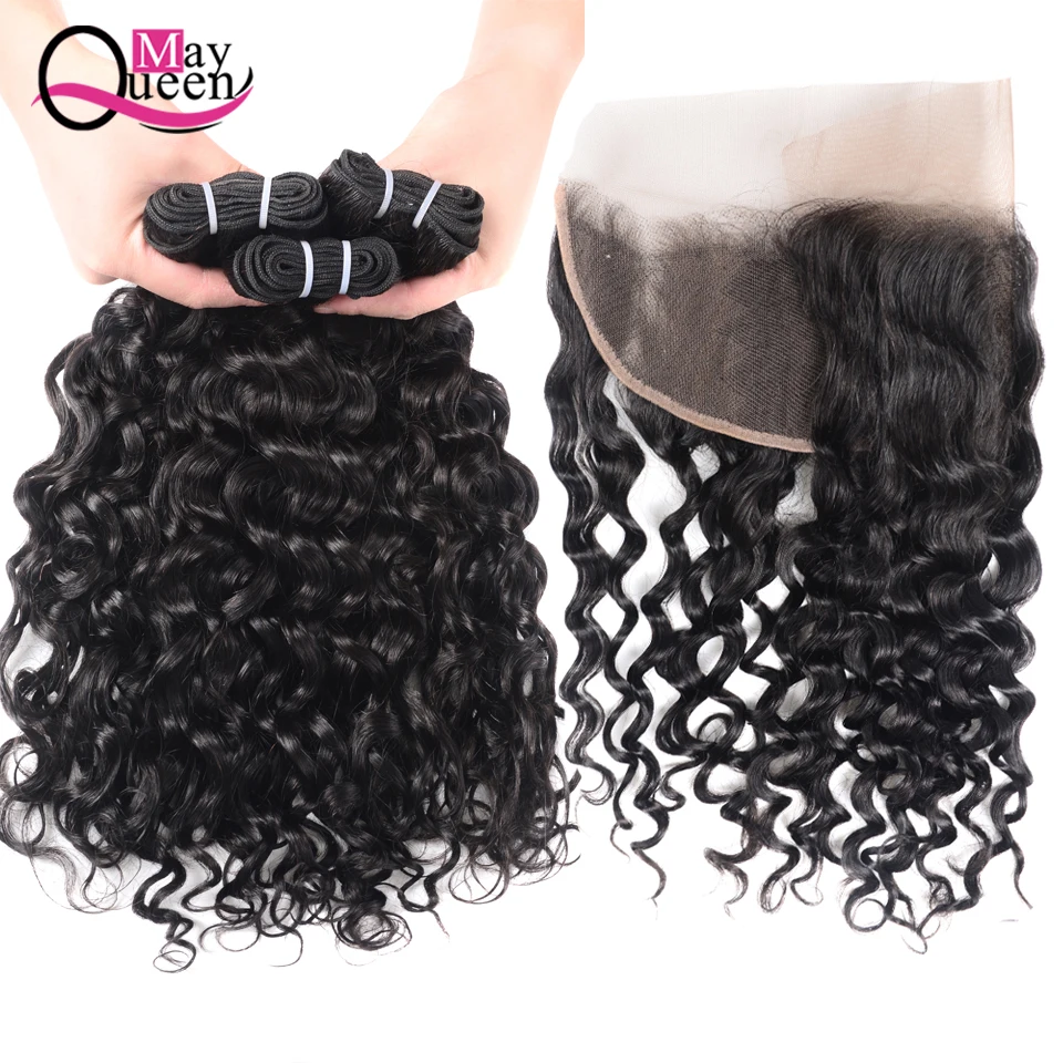 

Human Hair Water Wave Bundles With Frontal Closure Ear to Ear Indian Hair 3 Bundles With Closure Non-remy Human Hair Weave