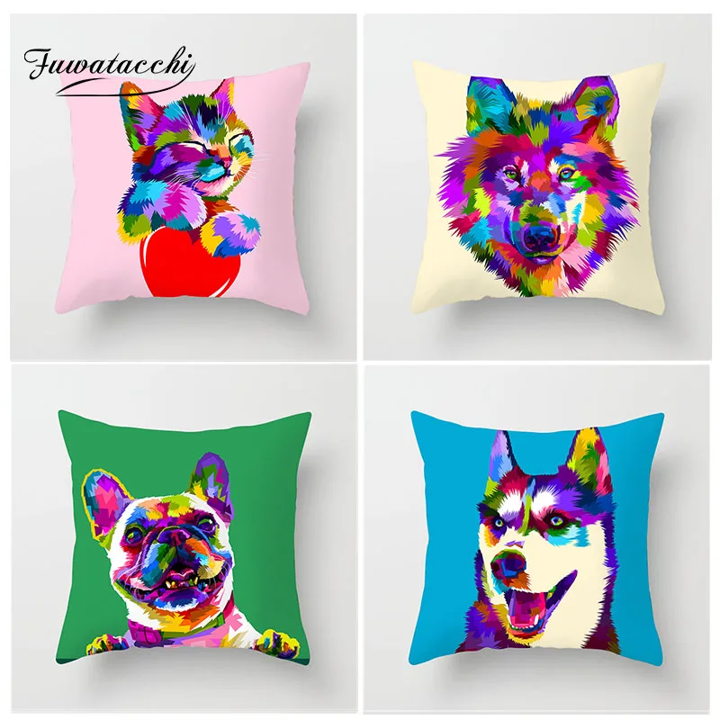 

Fuwatacchi Oil Paint Animal Painted Cushion Cover Rhinoceros Cat Dog Giraffe Pillow Cover Decorative Pillows Wolf Pillowcases