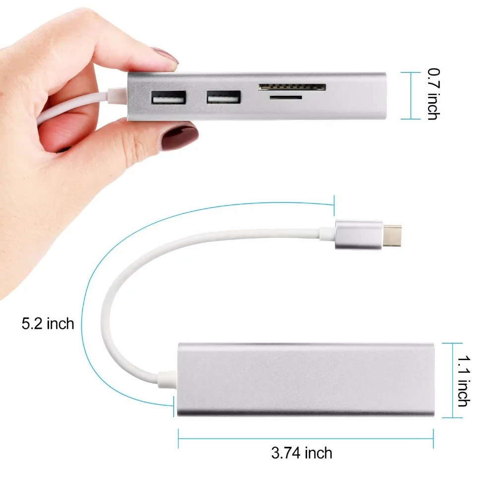 USB C концентратор, leadzoe Тип C адаптер с 2 USB 3,0 концентратор Splitter Порты и SD Card Reader и rj45 Gigabit Ethernet сеть конвертер