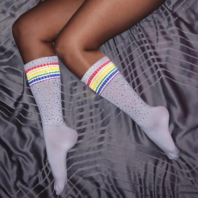 Для женщин длиной выше колена Длинные блесток полосатые носки Футбол носки костюмы для болельщиц носки Повседневное женские Стразы Bling хлопковые носки - Цвет: D stripe 40cm