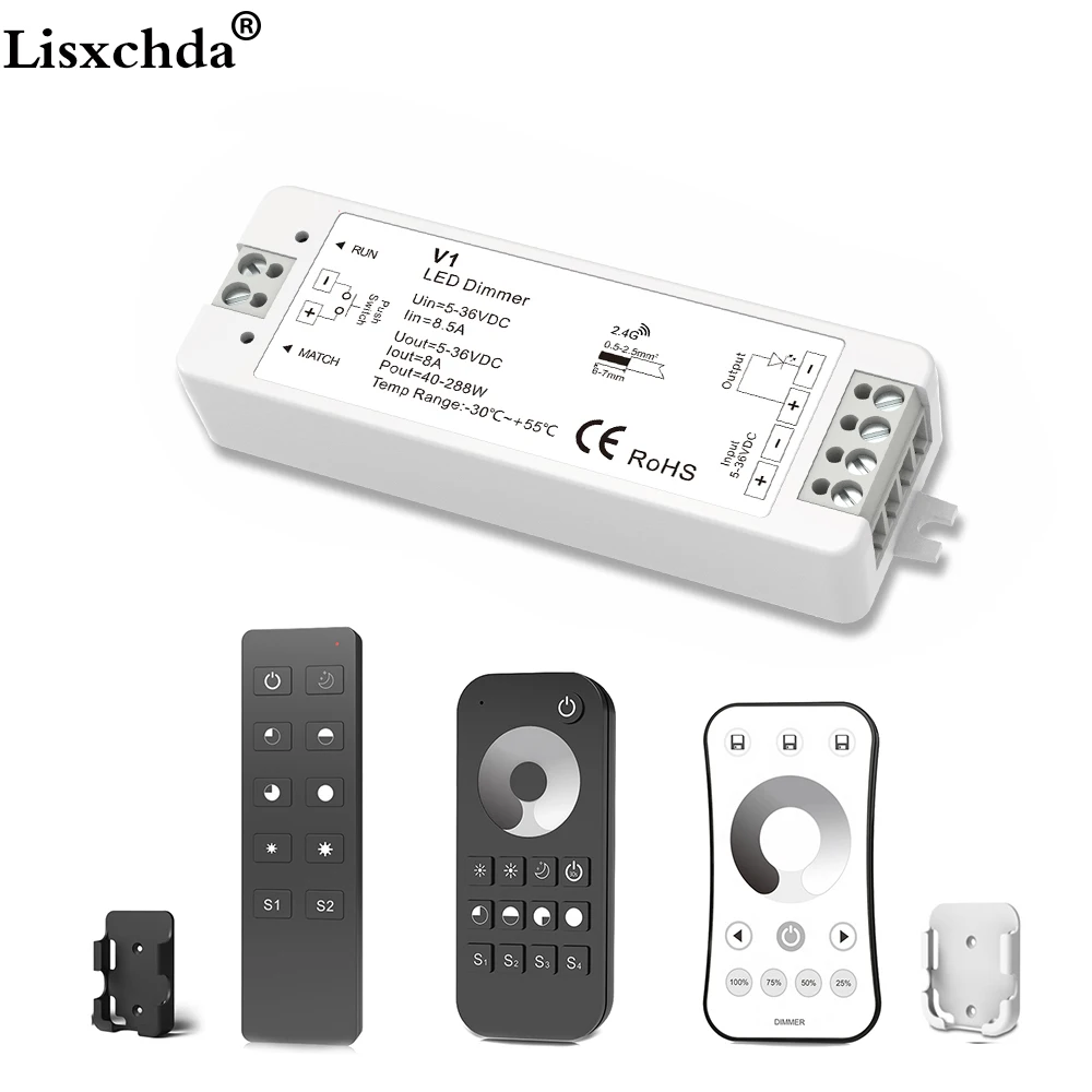 

Lisxchda LED Dimmer 12V 5V 24V 36V 8A PWM Wireless RF LED Dimmer Switch ON OFF with 2.4G Remote for Single Color LED Strip Light