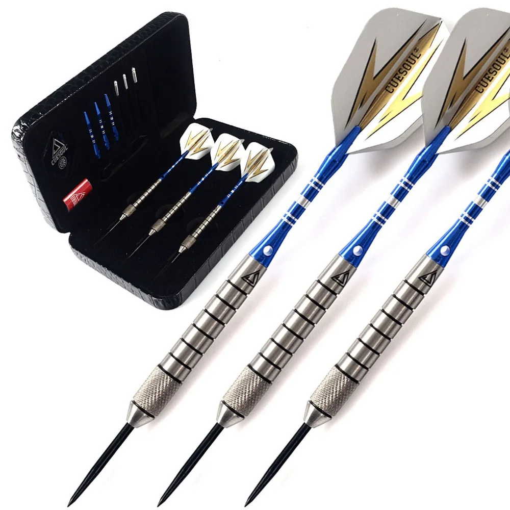 

CUESOUL 27 Grams Tungsten Steel Tip Darts Set 90% Tungsten With Luxury Black Dart Case,Blue Dart Shaft