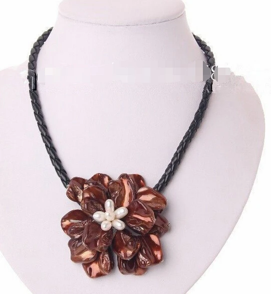 

shipping classic white baroque pearl coffee shell flower leather necklace
