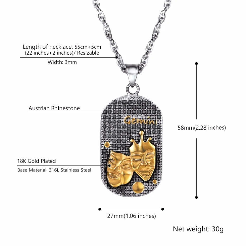 Ожерелье Близнецы для мужчин нержавеющая сталь Созвездие подарок покровитель Saint Marc цепочки и ожерелья Золото Камея Dog Tag Знак зодиака P2923