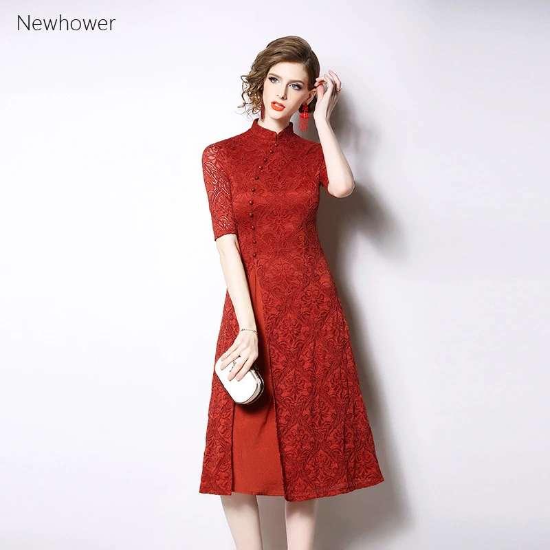 

Cheongsam-style lace dress 2019 fashionable woman's new style retro temperament dignified decent longuette for lady of quality