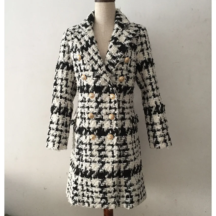 Mélanges Femmes Paletots Long Plaid Manteau Américaine Hiver Mode À Laine Européenne Boutons Et Double Boutonnage KcF13JTl