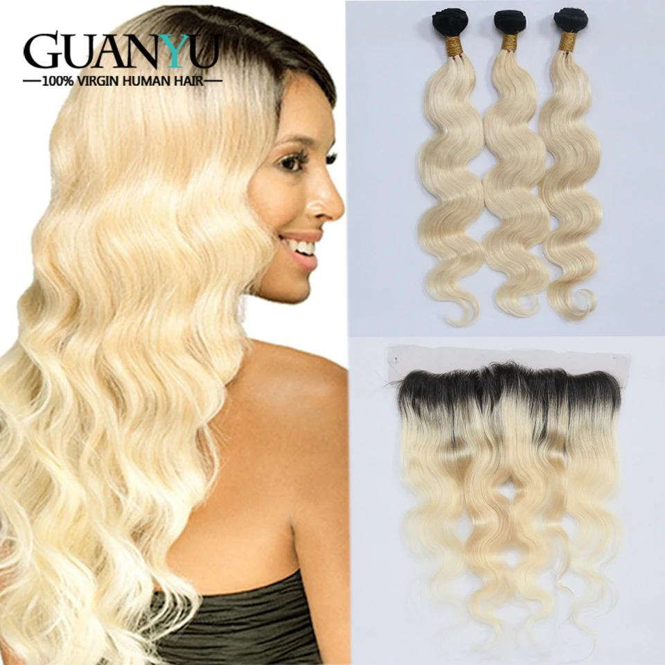 Guanyuhair #1B/613 Ombre блондинка Связки с 13x4 кружева Фронтальная застежка уха до уха перуанской Remy волна натуральные волосы ткань