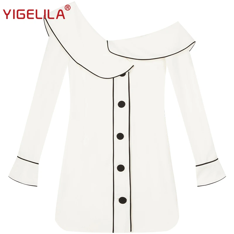 YIGELILA 2019 Весна для женщин Белый одно плечо платье модные элегантные длинный рукав