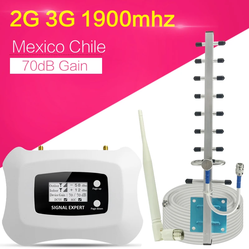 

3G PCS 1900 MHz Mobile Signal Repeater 2G 3G Cellphone Signal Booster Band 2 70dB Gain LCD Display 3G PCS 1900 Amplifier FullSet