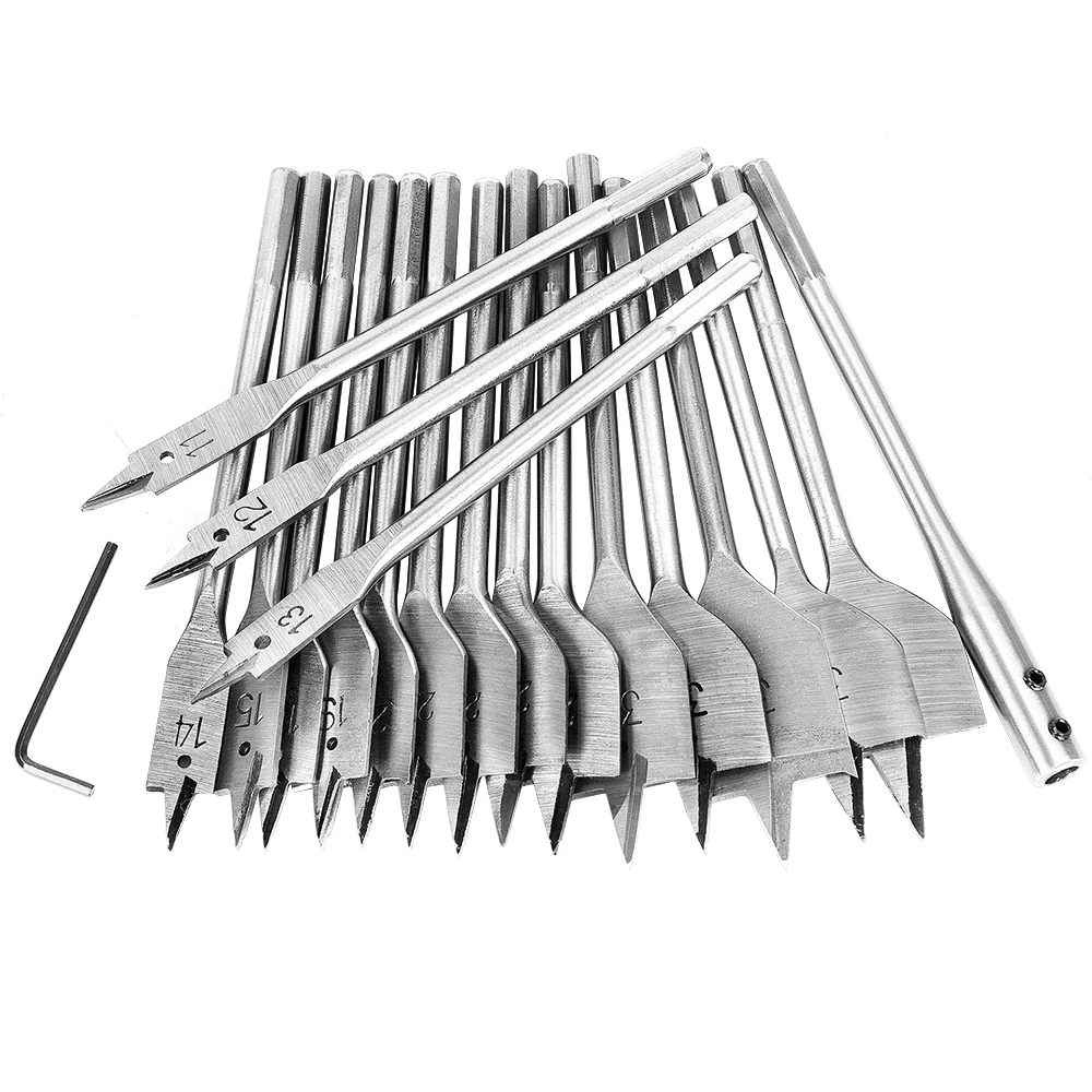 New arrival 19Pcs 11-38mm Spade Drill Bit Set with Extended Rod High Speed Steel Wood Drill Bit Set for Woodworking