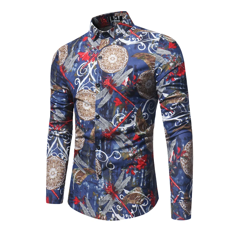 Spring And Autumn New Man Long Sleeve FLOWER Blue linen