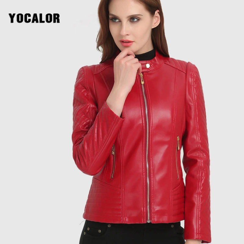 2017 Fashion Woman Short Motorcycle Pu Leather Zipper Red Jacket For ...