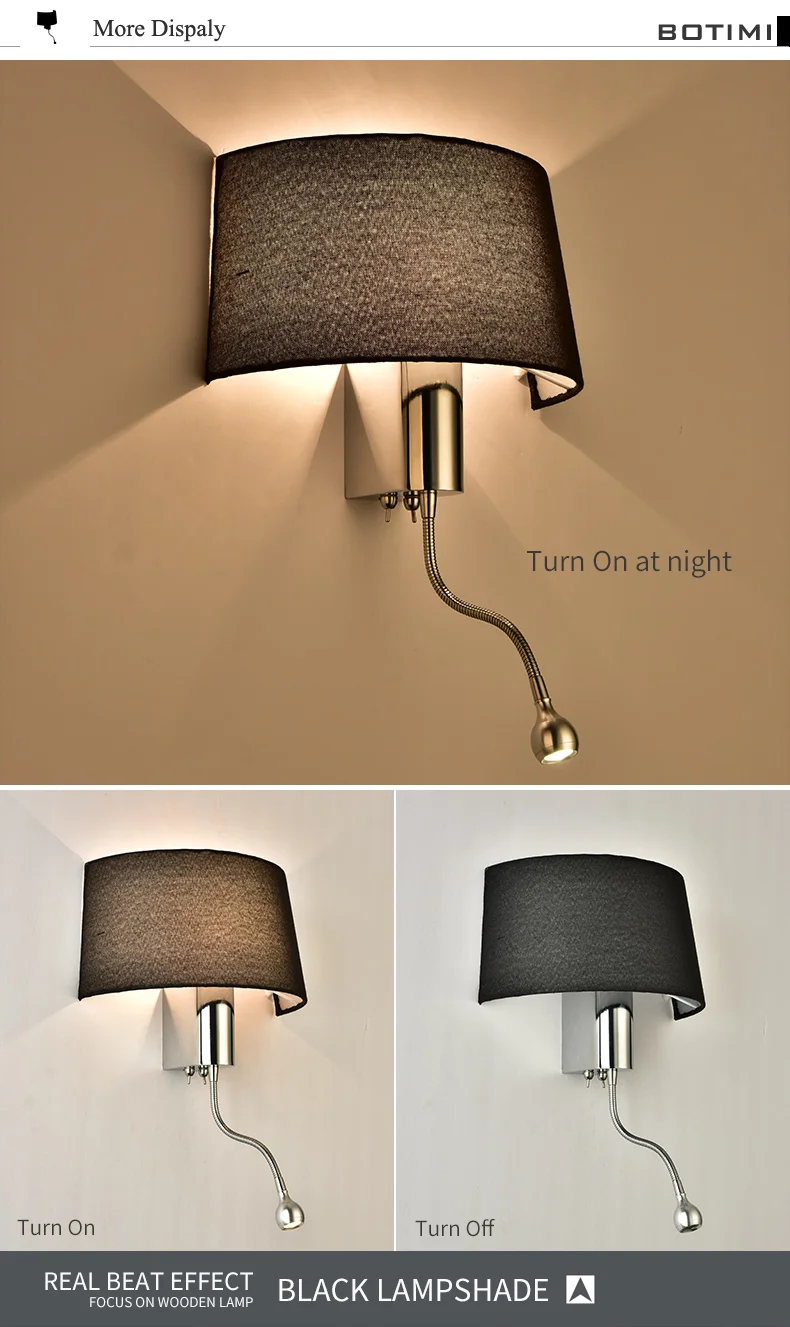 Conduziu a Luz da Parede com Tecido Abajur para o Quarto de Cabeceira Botimi Moderno Applique Murale Luminária Led Arandela Luz Quente 9 com tecido abajur para o quarto de