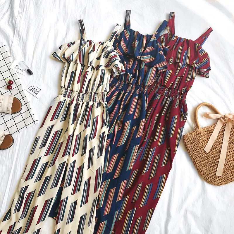 

2019 New Summer Fashion Panelled Striped Jumpsuits Women Bohemian Ruffles Chiffon Pants Female Holiday Slim Wide Leg Pants Mw571