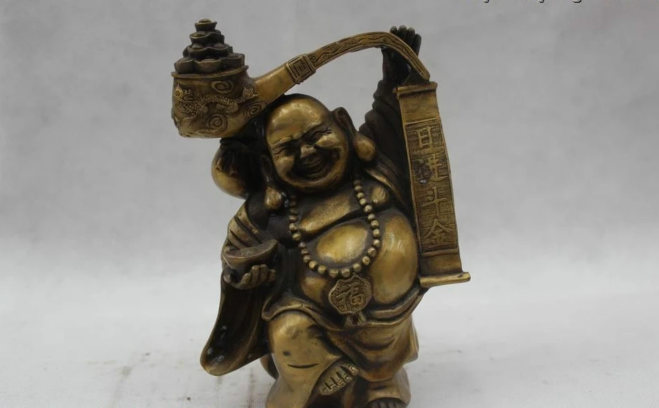 

9"Chinese Folk Pure Bronze Lucky excellent Money drawing Miller Buddha Statue