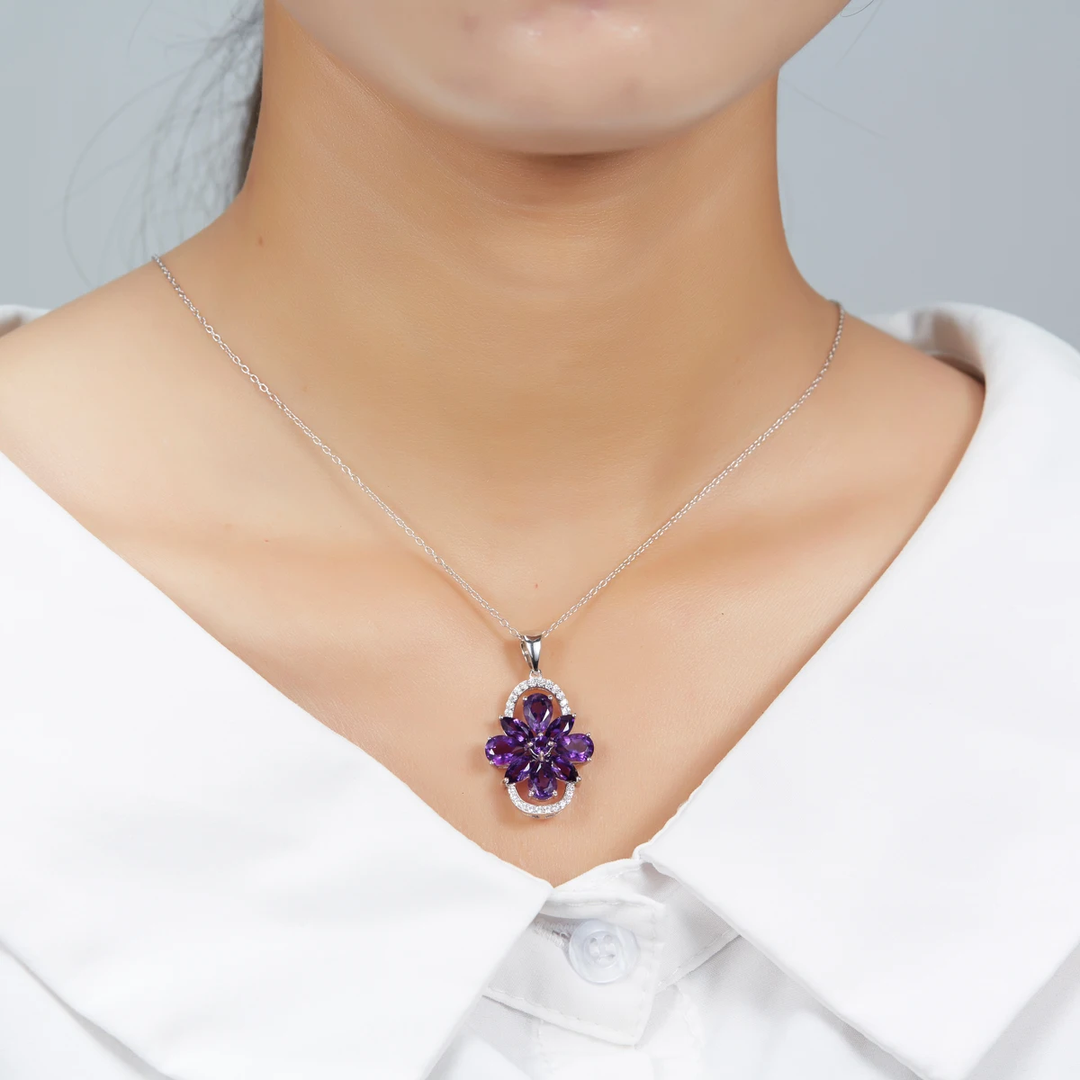 

Hutang Natural Amethyst Flower Pendant Necklace Solid 925 Sterling Silver Gemstone Fine Jewelry for Women Christmas Gift 11.11
