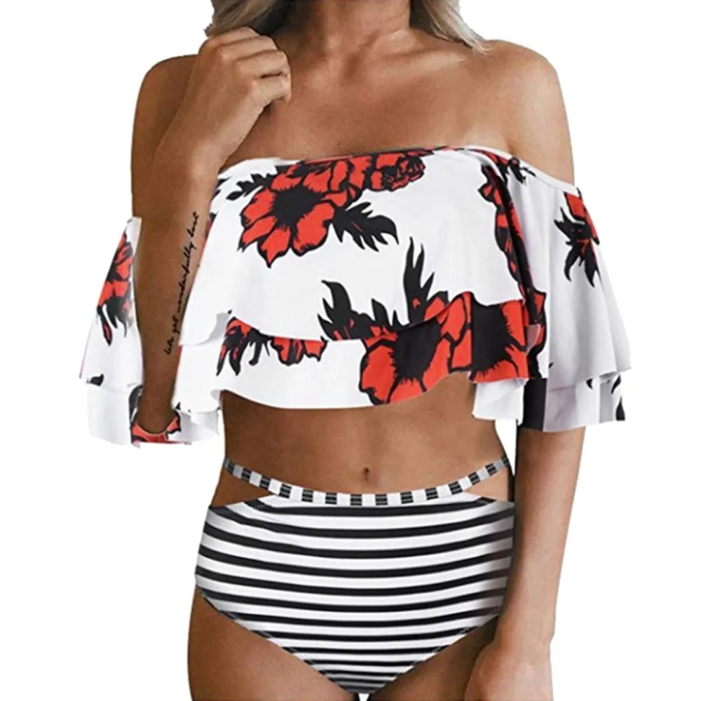 

2019 Sexy Women Bikinis Set Ruffle Floral Printed Swimsuit Push Up High Waist Retro Biquini Plus Size Mujer Swimwear N50