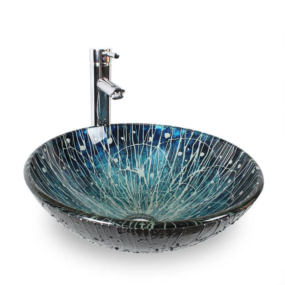 Tempered glass sink Blue Hand Painted Glass Art Basin Washbasin