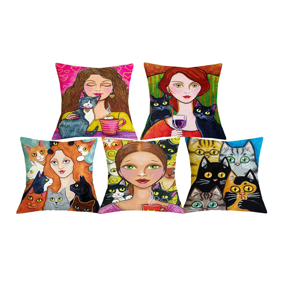 

Black Cat Lady Art Print Colorful Throw Cover Family Car Sofa Bedroom Home Decor Square Linen Pillowcase Household Cushion Cover