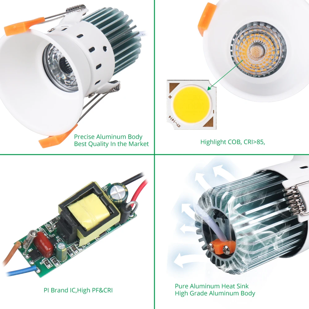 12 Вт 85-265 в встраиваемый светильник белый Aluminnum Внутреннее освещение светодиодный даунлайт с регулируемой яркостью COB точечная ЛАМПА точечные потолочные светильники