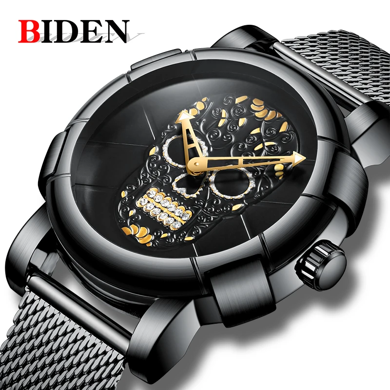 

Men Watches BIDEN Top Brand Luxury Stainless Steel Sports Wrist Watch Skull Pattern Business Quartz watch men relogio masculino