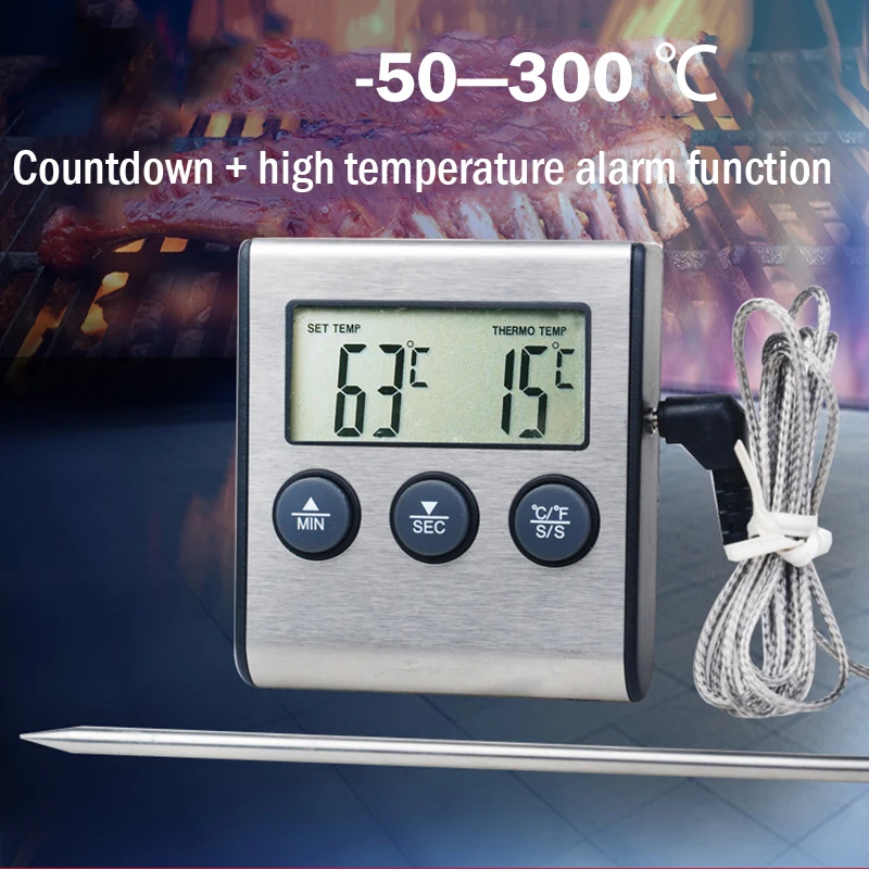 

Digital Food Meat Cooking Kitchen Thermometer for Smoker Grill Oven BBQ Clock Timer with Stainless Steel Probe