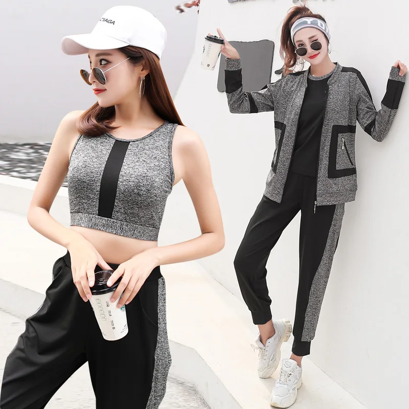 

Women Sport Suit Tracksuit Yoga Set Zipper Jacket+T-Shirt+Bra+PantsWomen Gym Suit Workout Clothes Fitness Sportswear For Women