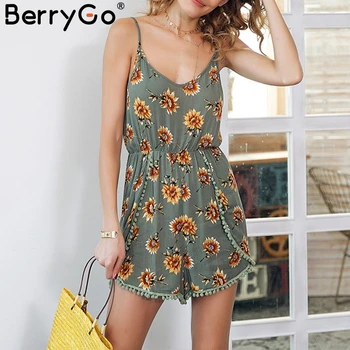 

BerryGo Floral print tassel strap jumpsuit romper Backless high waist elastic short romper 2018 Casual summer playsuit women