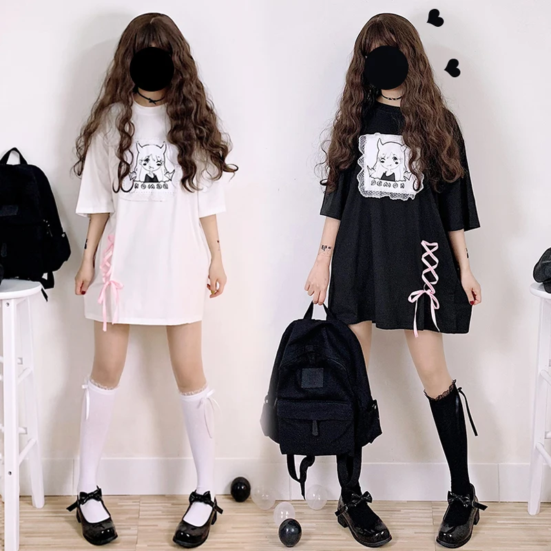 Женское платье с принтом японского милого дьявола черное готическое Harajuku Kawaii