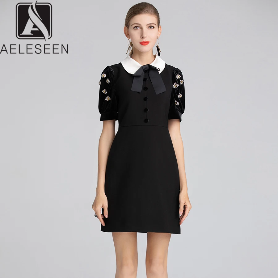 Женское бархатное платье AELESEEN, модельное Дизайнерское черное платье в стиле пэчворк с воротником «Питер Пэн», ручной работы, с кристаллами и бисером, Осень зима 2018|Платья| | АлиЭкспресс