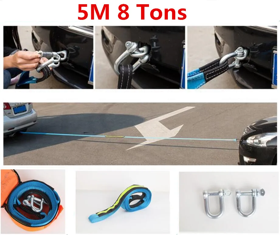 

New 5M 8 Tons Towing Rope Strape Cable With U Hooks Shackle High Strength Nylon With Reflective Light For Car Truck Trailer SUV