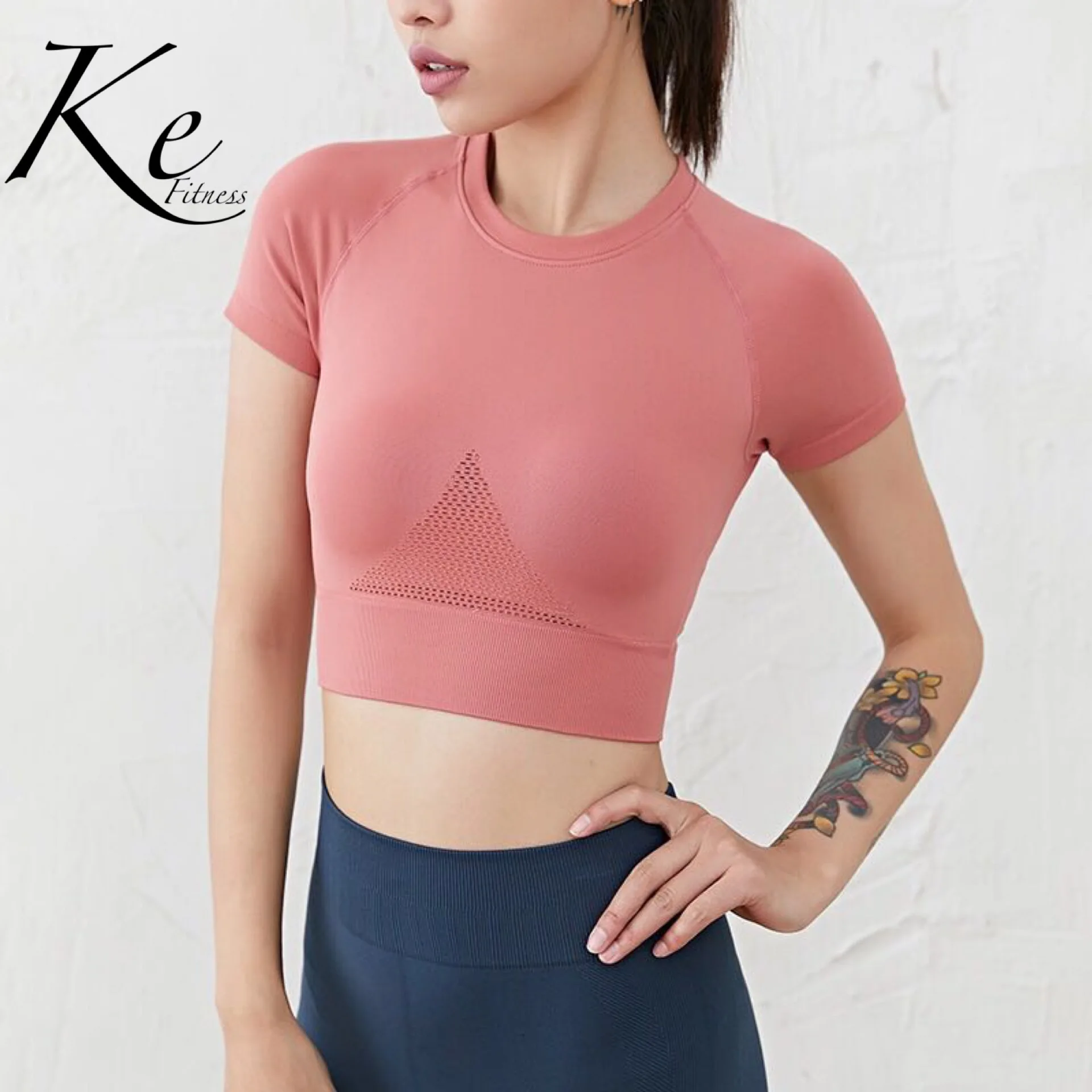 KE спортивная рубашка женская одежда с коротким рукавом на талии Быстросохнущий Топ для йоги для девочек фитнес-зал Быстросохнущий Воздухопроницаемый круглый вырез розовый черный розовый синий