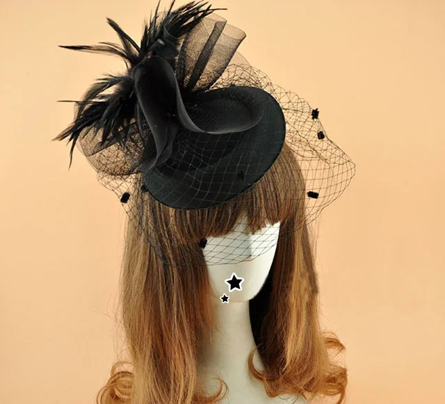 11 цветов большой сценический шоу перо Fedora Шляпа Для вуаль для принцессы Вуалетка для волос Свадебная шляпка невесты женские Цветочные головные уборы - Цвет: Черный