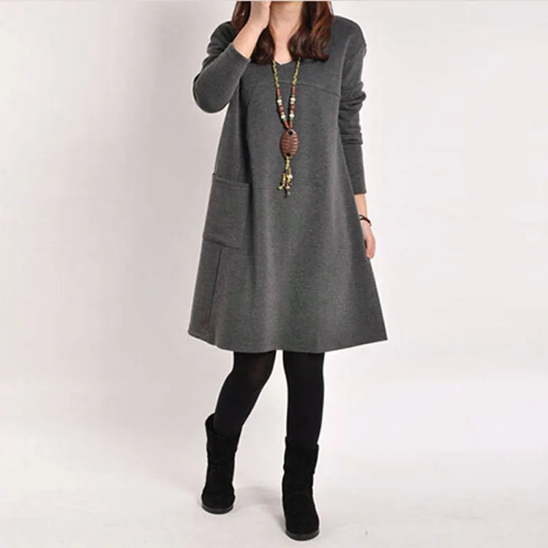 Zanzea осенне-зимнее женское платье с длинным рукавом и карманами, одноцветное повседневное Свободное платье с круглым вырезом, Vestidos размера плюс S-5XL - Цвет: DarkGray