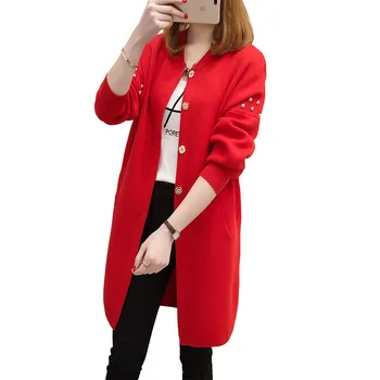 

Women New Fashion Autumn Winter Long Sleeve Sweater Cardigan Beading Pearl Loose Knitted Cardigan Female Sweaters Long Coat P169