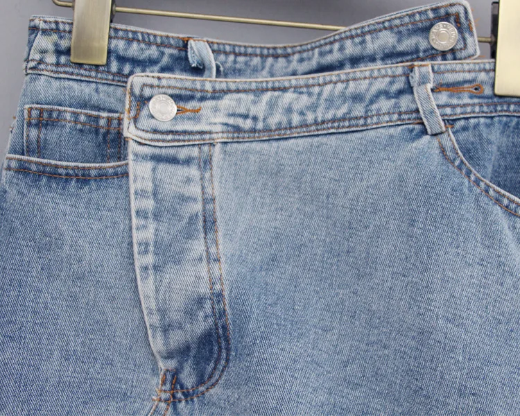 Cakucool Новая женская джинсовая синяя юбка с рваными краем с дырками необработанные края асимметричный дизайн юбка средней длины Европейская Горячая сексуальная высокая юбки с разрезом