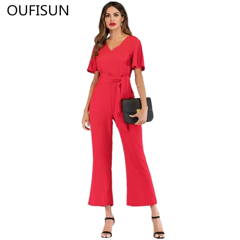 

Oufisun 2019 Summer New Solid Long Jumpsuits Casual Womens Short Sleeve Boot Cut Jumpsuit Fashion V-neck Lace Up Empire Jumpsuit