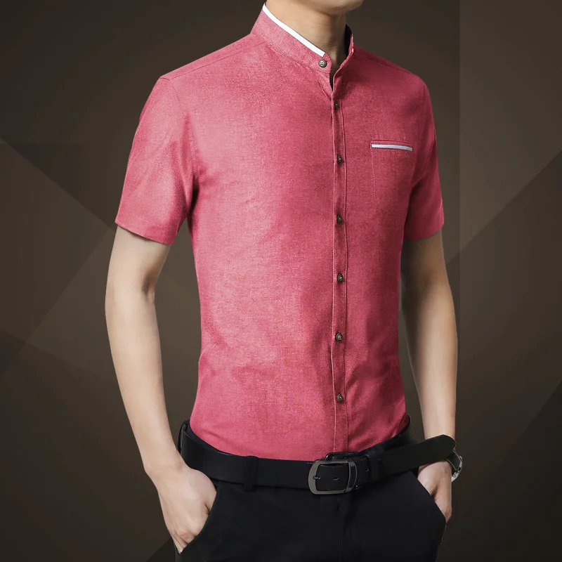 Для мужчин рубашка новый модный бренд стенд воротник Slim Fit рубашки для мальчиков мужской мягкий удобные с короткими рукавами Повседневная