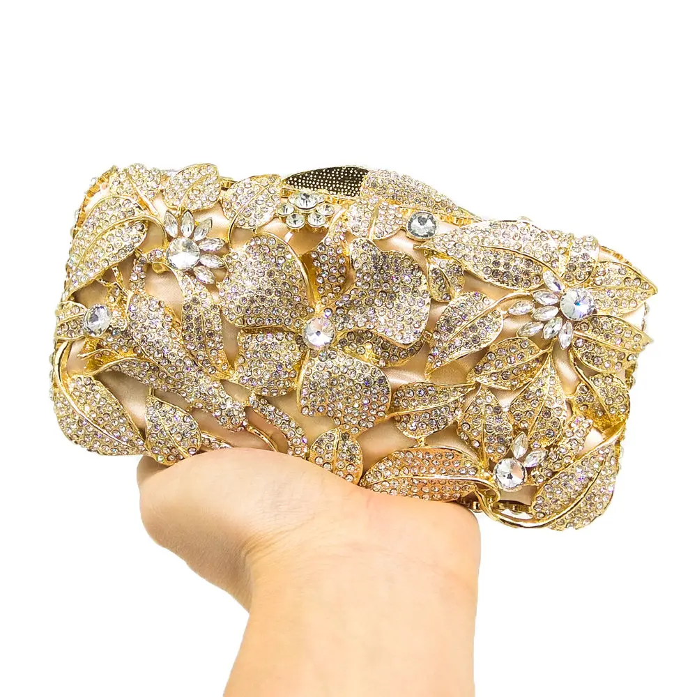 Double Flower Dazzling Women Flower Crystal Evening Handbags and Purses Hard Case Metal Clutches Minaudiere Wedding Clutch Bag