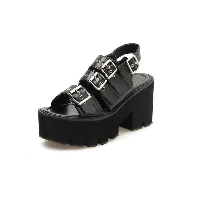 YMECHIC/летние босоножки на платформе; обувь в стиле панк; Новинка года; Модные Босоножки с открытым носком на массивном квадратном каблуке; женская обувь с пряжкой; скидка - Цвет: Черный
