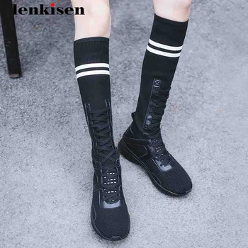 

Lenkisen knitting med heels causal women shoes genuine leather cross-tied elegant concise mixed color leisure summer boots L88
