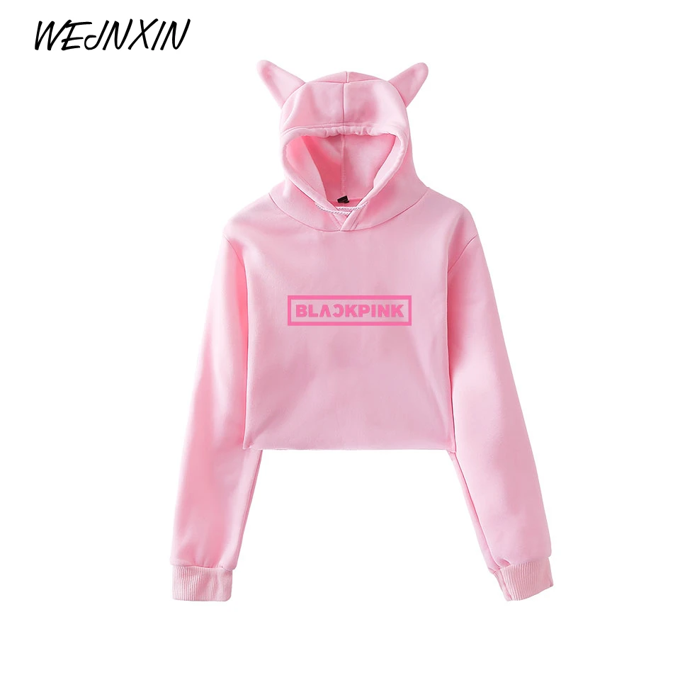 WEJNXIN Kawaii худи с кошачьими ушами для женщин Kpop BLACKPINK вентиляторы Толстовка поддержка дамы BLACKPINK Письмо печати укороченный Топы Одежда