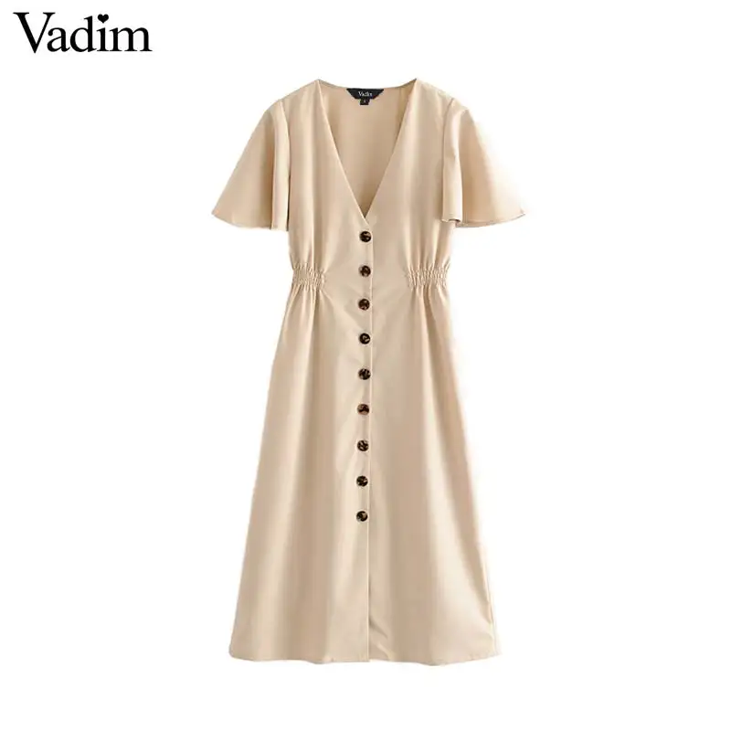 

Vadim women elegant V neck midi dress short flare sleeve elastic waist pleated casual A line female camel dresses vestidos QC172