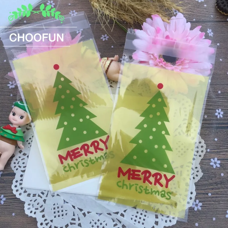 

100pcs 9.5*15+3cm Merry Christmas Tree Self-adhesive Seal Snack and Cookie Baking Bags DIY Gift Candy Packaging Bag BZ180