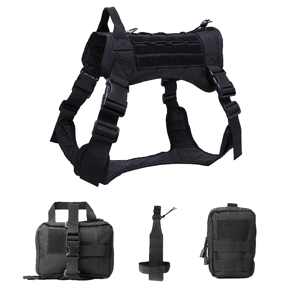 Нейлоновый армейский Тактический тренировочный жилет для собак, Питбуль, овчарка, охотничье оборудование, многофункциональная сумка для собак, военная куртка - Цвет: Black Set