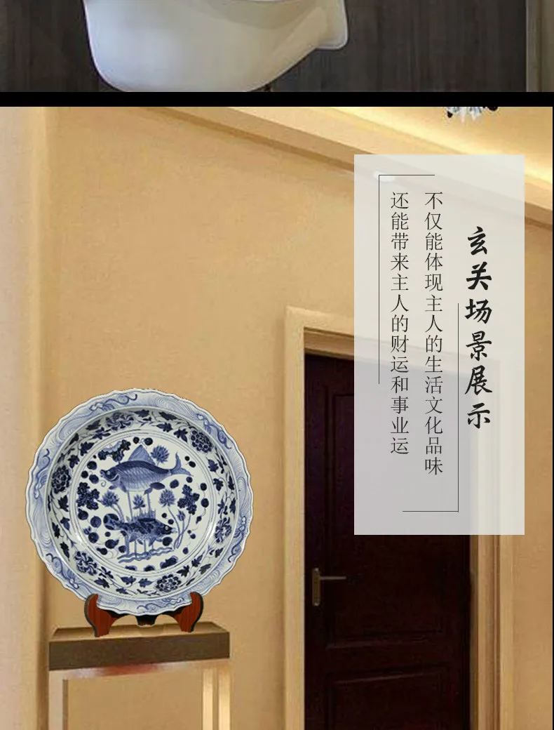 16 дюймов Lagre Античная Классика ручная роспись синий и белый рыбы украшения круглый Керамика пластины