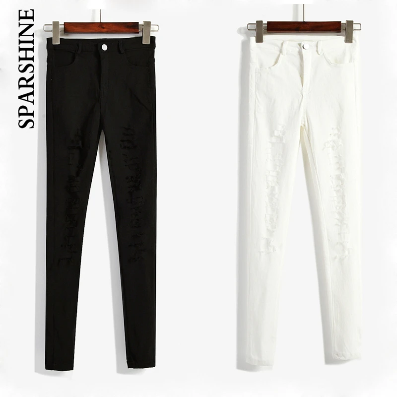 

SPARSHINE Women Slim Jeans Solid Color Hole Pencil Pants  Young Girl's Vintage Mid Waist Ankle Length Pants
