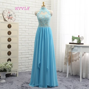 

HVVLF Open Back 2019 Prom Dresses A-line High Collar Sky Blue Chiffon Lace Sexy Long Prom Gown Evening Dresses Evening Gown