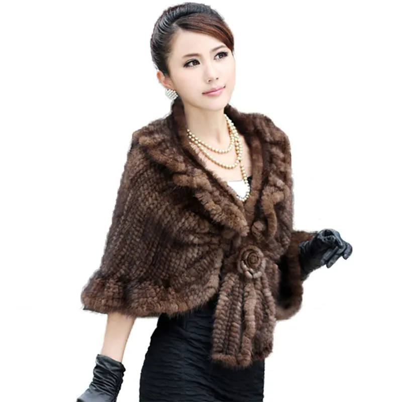 GTC201 fashion female winter warm ruched knitted mink fur shawls capes ...