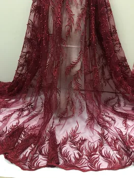 

2019 french Fashion wine red color lace embroidered tulle lace fabric,Nigerian african lace fabric for party dress.5 yards/lot